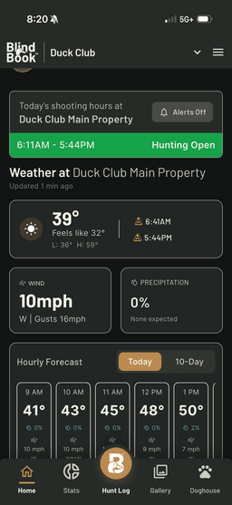 BlindBook — duck club dashboard with weather, shooting hours, and hunt status