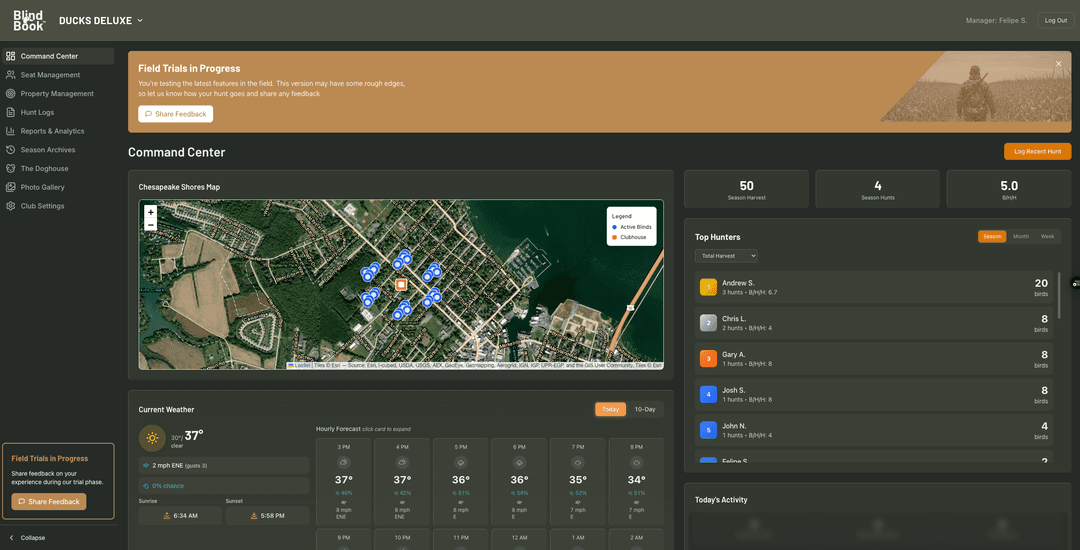 BlindBook Command Center — satellite map, weather, top hunters, and club analytics
